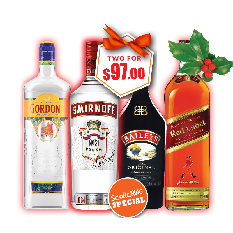 Gordon's, Smirnoff, Bailey's, Johnnie Walker Red 1Ltrs 2 For $97.00