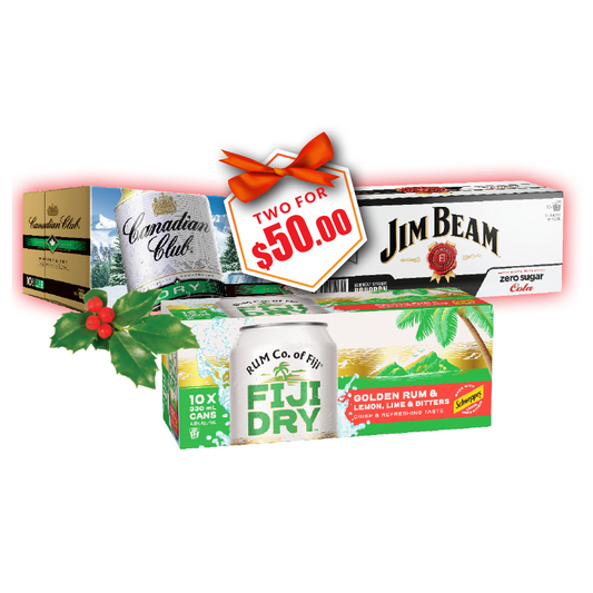 Jim Beam & Cola; Canadian Club (incl Zero); Canadian Club Soda & Lime; Fiji Rum Co 4.8% 10pks; Jim Beam Gold 7% 8pk; all 330ml cans 2 for $50.00
